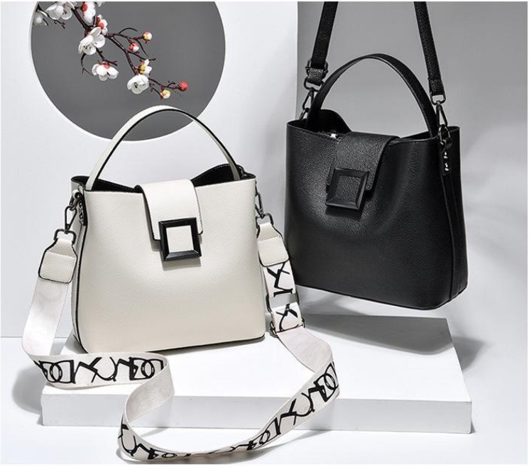 Womens Bucket Bag Adjustable Shoulder Strap Fashion Handbag with Square Buckle